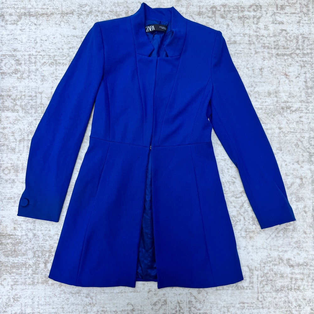 Zara Royal Blue Longline Blazer Notched Collar Hook Eye Closure Womens XS